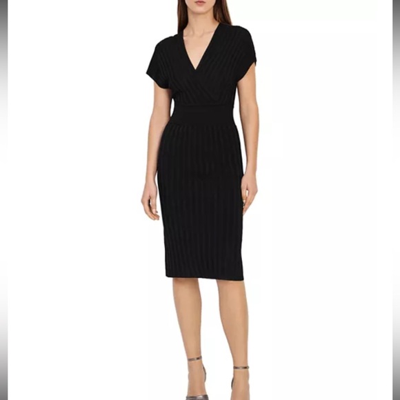 REISS Talitha Ribbed Knit Dress Black Size S Faux Wrap V-Neck Bodycon EUC - Picture 1 of 12